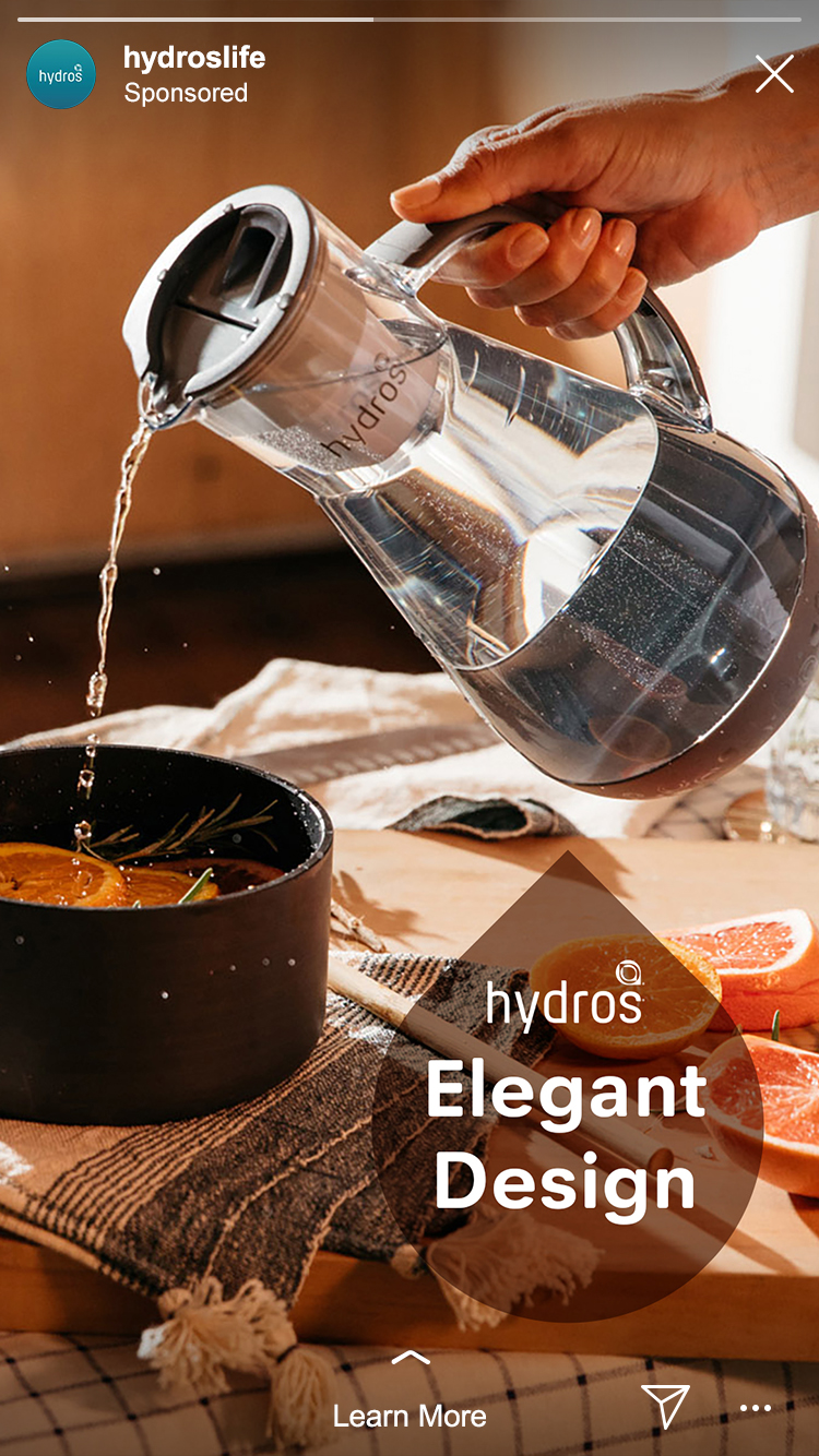 Elegant Design Hydros instagram ad of a pitcher pouring water into a pot of citrus