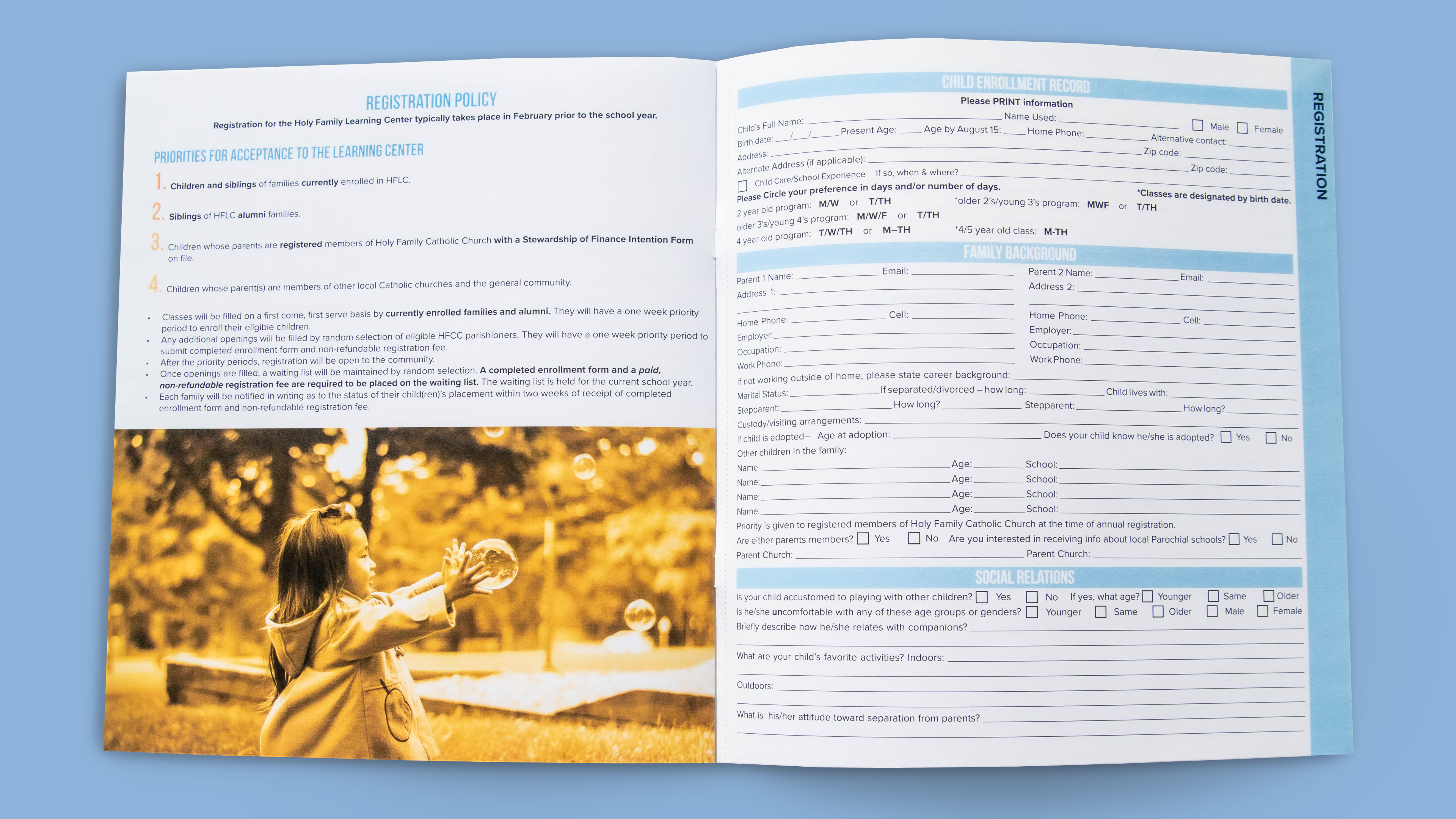 The final page of the tabbed brochure with the registration and policy details