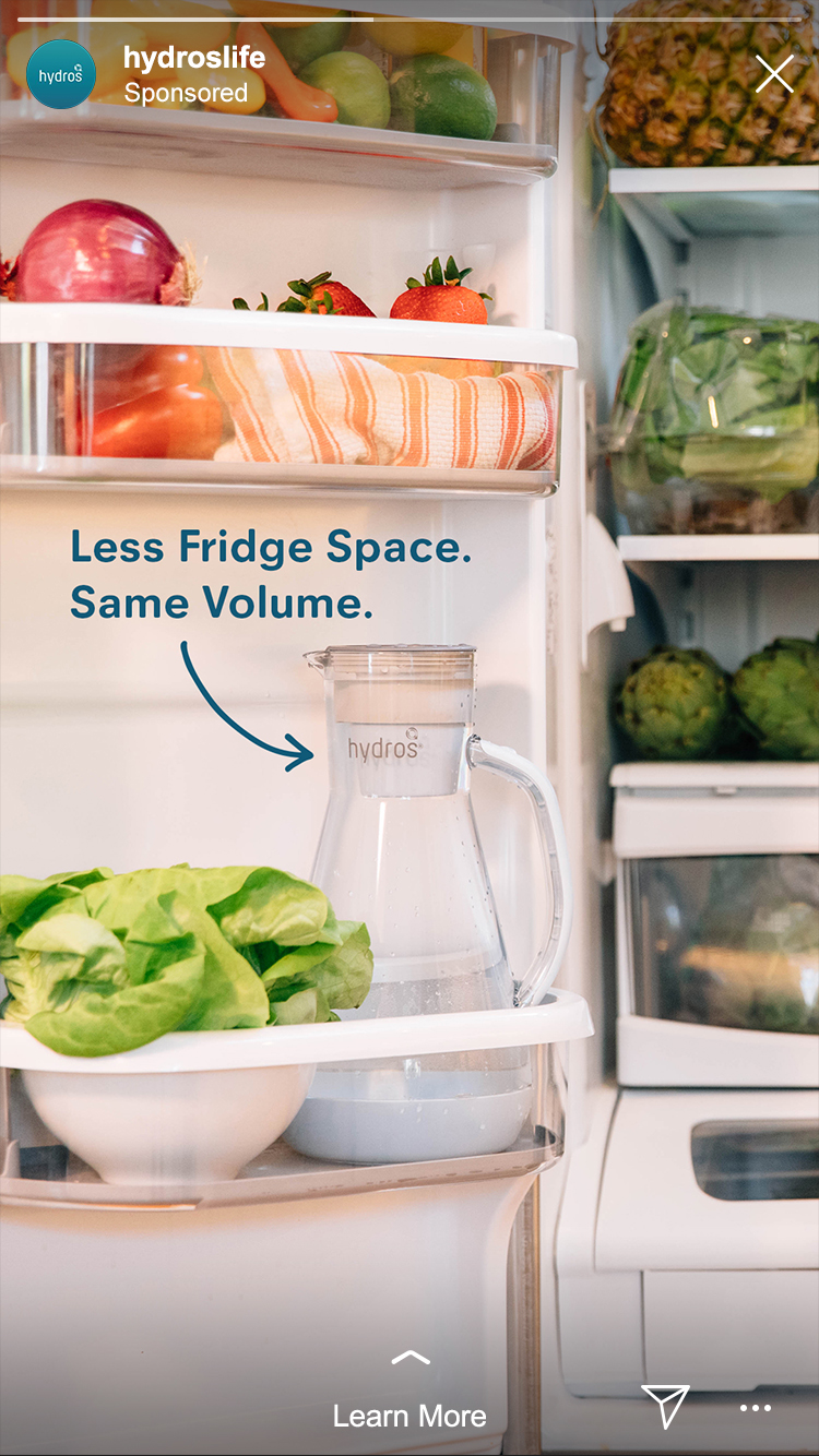 Less Fridge Space, Same Volume Hydros ad of a pitcher in the door of a refrigerator