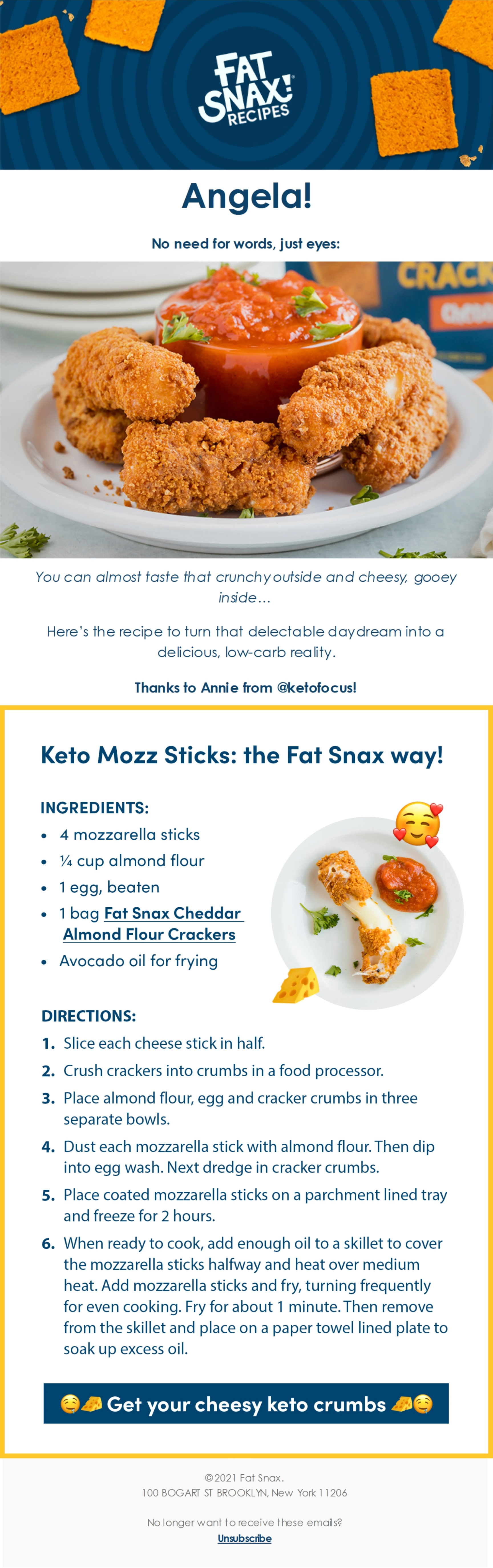 Fat Snax keto mozz sticks email design