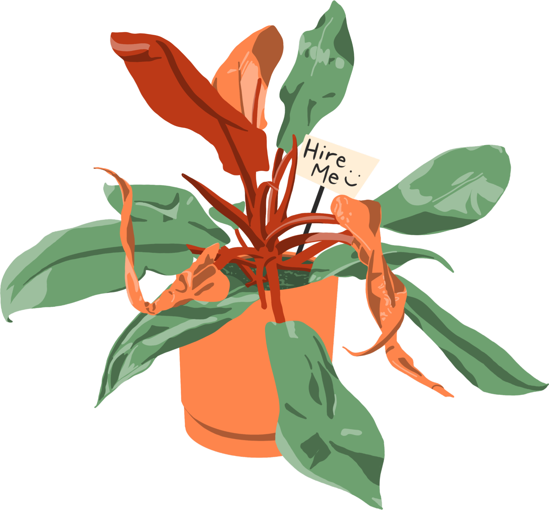 An illustration of a potted Prince of Orange houseplant with a sign protruding from the dirt that says hire me