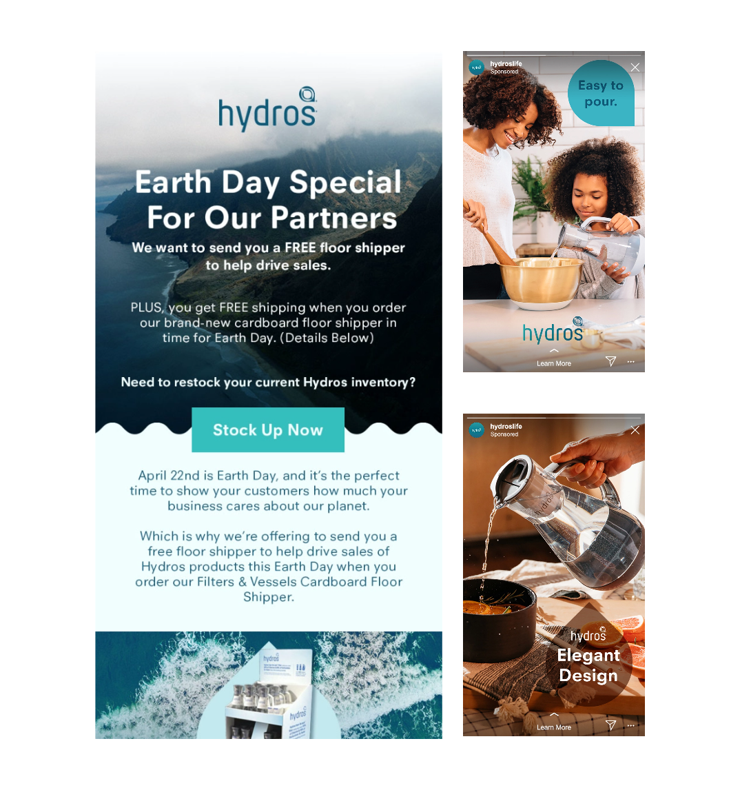 Two Hydros instagram ads and a clip of a Hydros email